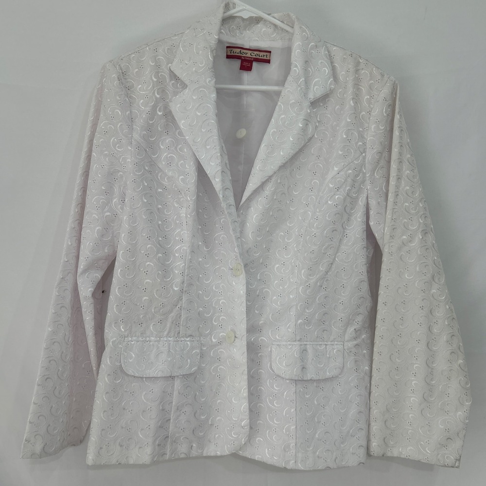 Tudor Court by Haband White Embroidered Eyelet Blazer Jacket Large D4Y